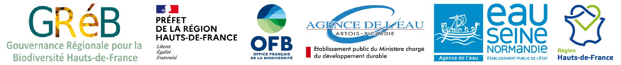 Logos des membres du collectif TEN : GRéB, DREAL, OFB, Agences de l'Eau Artois Picardie et Seine Normandie, Région Hauts-de-France